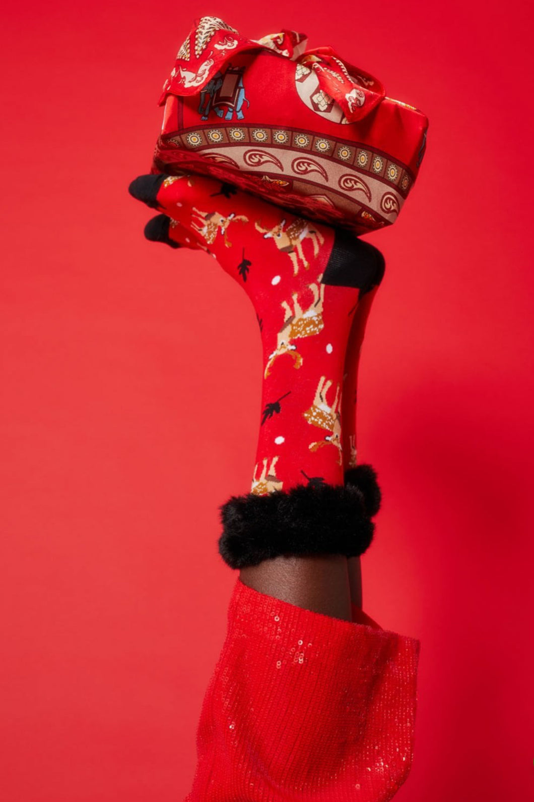 Red and Black Faux Fur Trim Christmas Socks