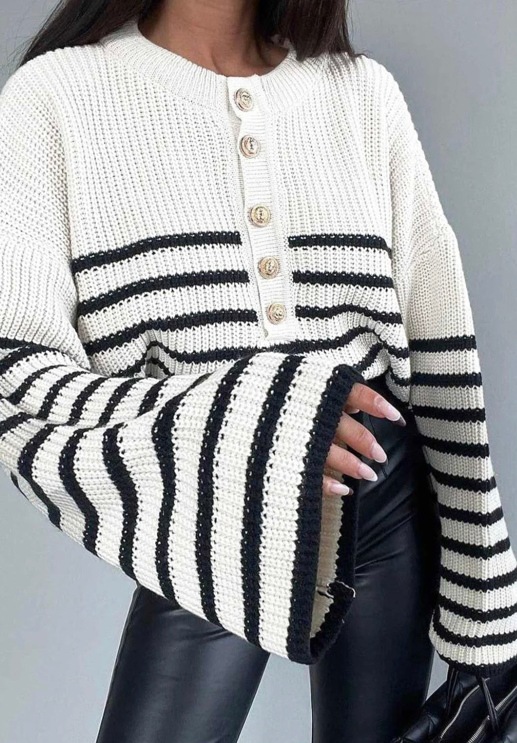 TALIA STRIPED KNITTED JUMPER SWEATER TOP-IVORY